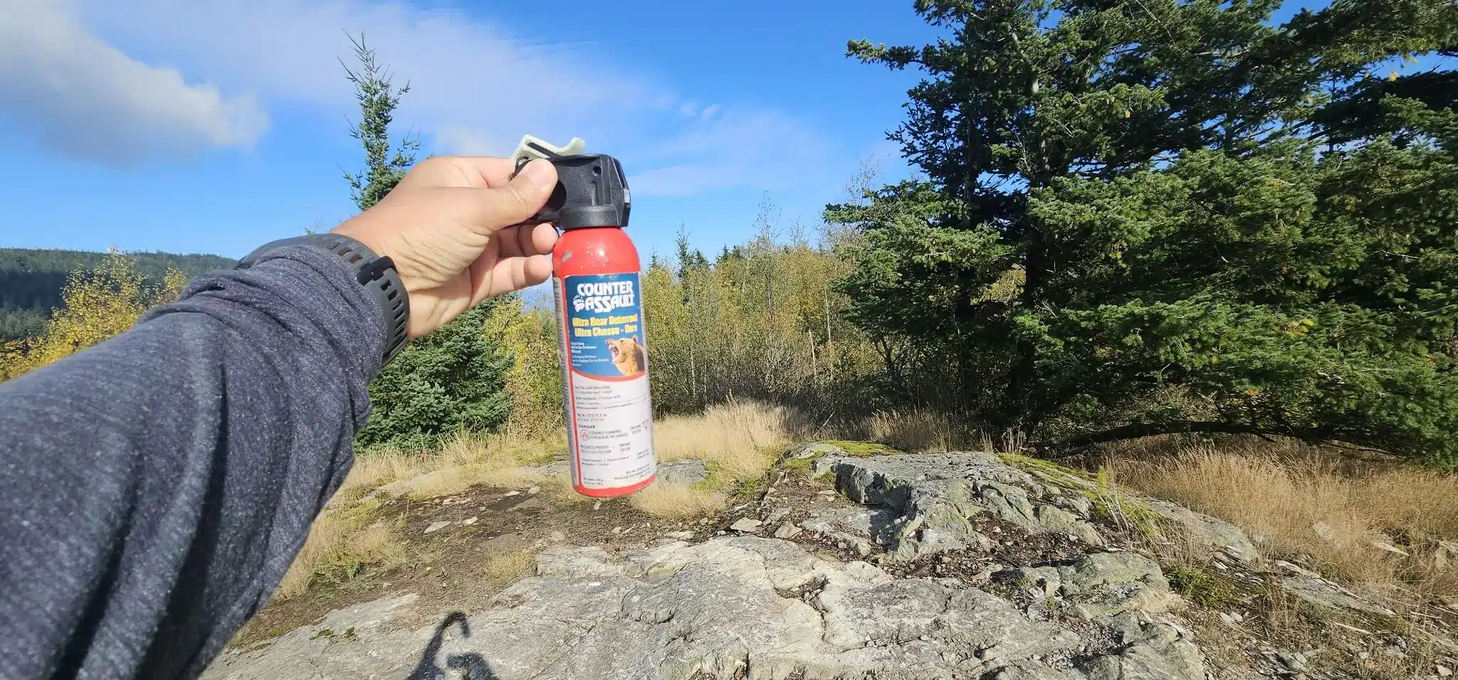 Hiker holding bear spray ready while travelling through bear habitat on the Taggart Peak route