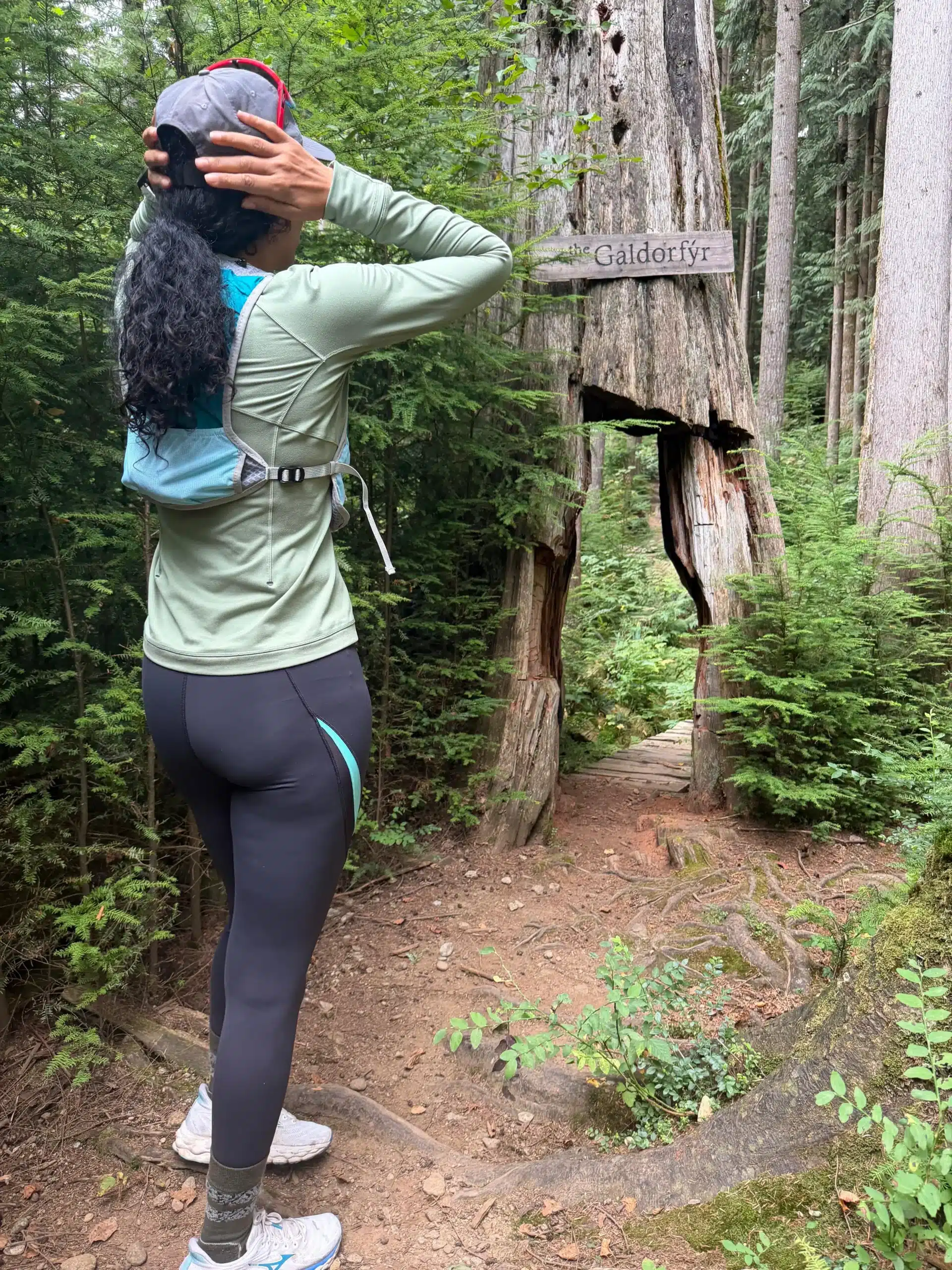 Hiker beside a hollow tree opening on the forested Bear Mountain return loop in Mission, BC