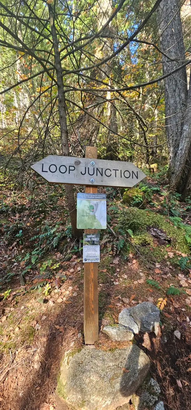 Serpent’s Back loop junction sign directing hikers right for the shortest route to the summit